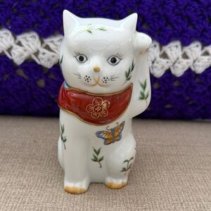 Vintage Handpainted Imari Ceramic Cat Figurine with Red Scarf